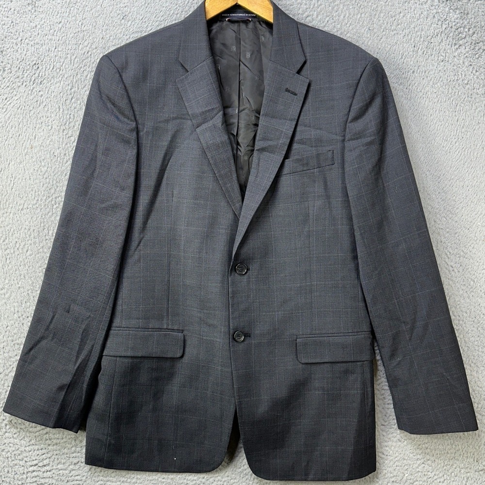 Tommy Hilfiger Suit Men 40R 34W Wool Blend Gray Glen Plaid Stretch EUC